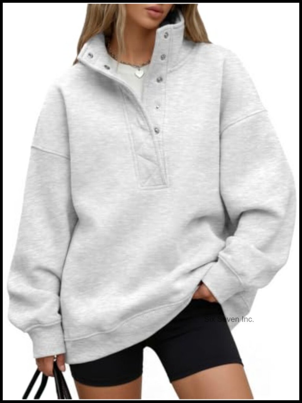 Oversized Snap Button Henley Sweatshirt Cotton Blend Pullover